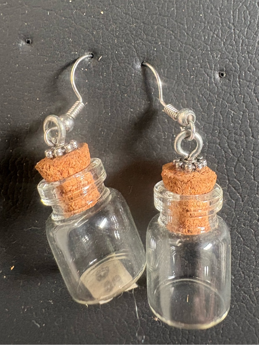 Glass Bottle Cork Dangle Earrings in Brown and Clear